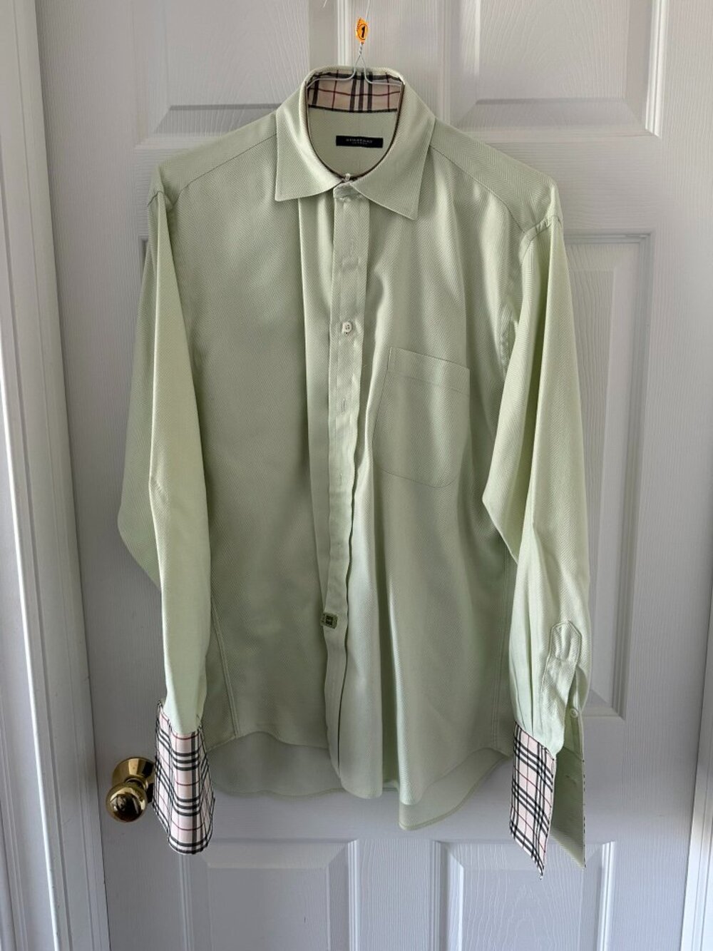 Burberry London Dress Shirt Green Herringbone Men's‎ 15.5L Nova Check Flip Cuff